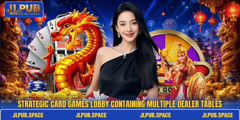 Strategic card games lobby containing multiple dealer tables Strategic card games lobby containing multiple dealer tables